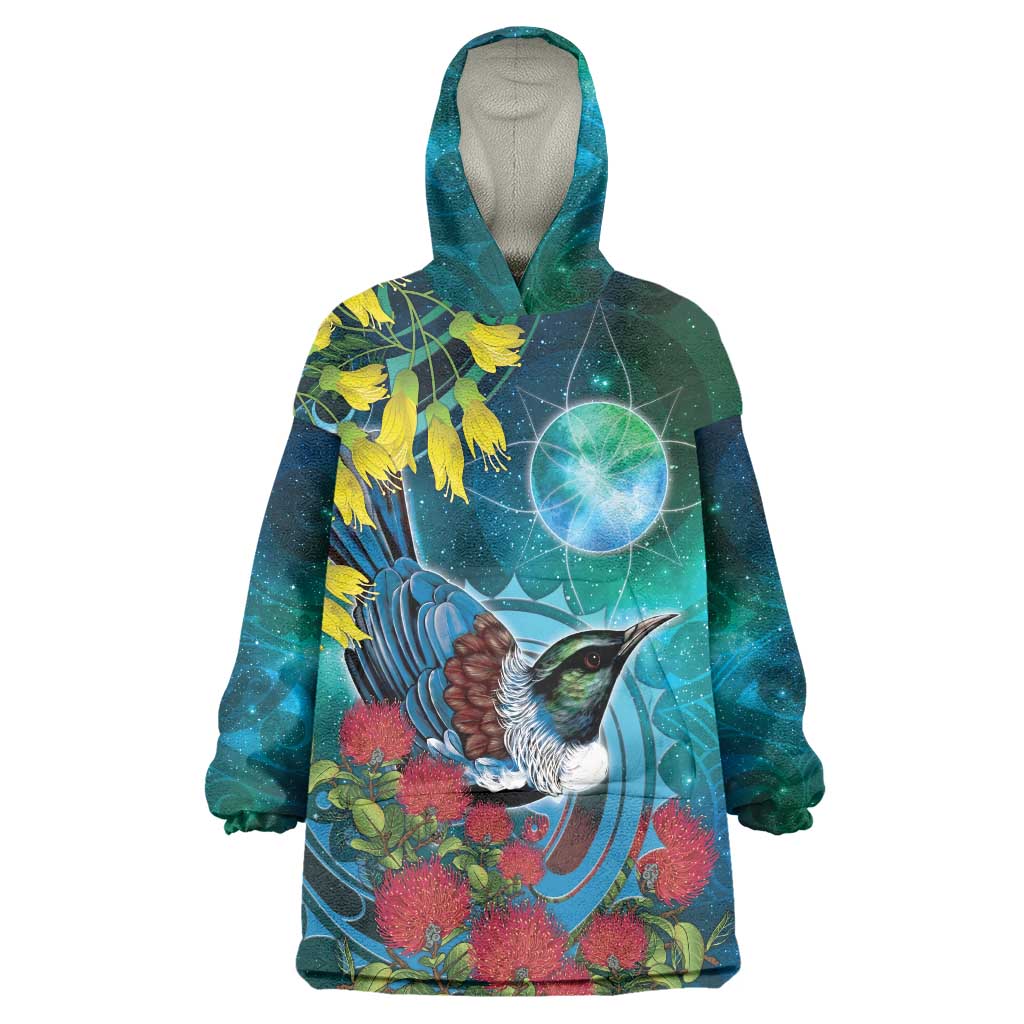 New Zealand Tui Bird Wearable Blanket Hoodie Maori Koru With Pohutukawa Galaxy Style - Aussie Hoodie