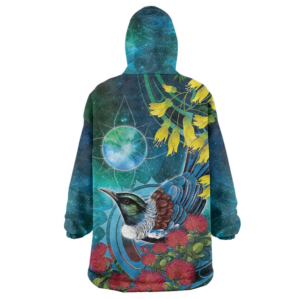 New Zealand Tui Bird Wearable Blanket Hoodie Maori Koru With Pohutukawa Galaxy Style - Aussie Hoodie