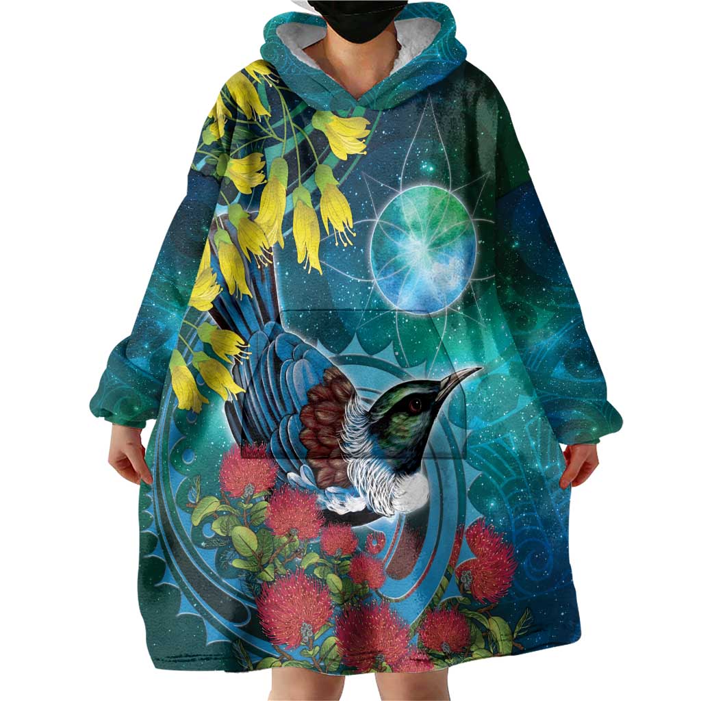 New Zealand Tui Bird Wearable Blanket Hoodie Maori Koru With Pohutukawa Galaxy Style - Aussie Hoodie