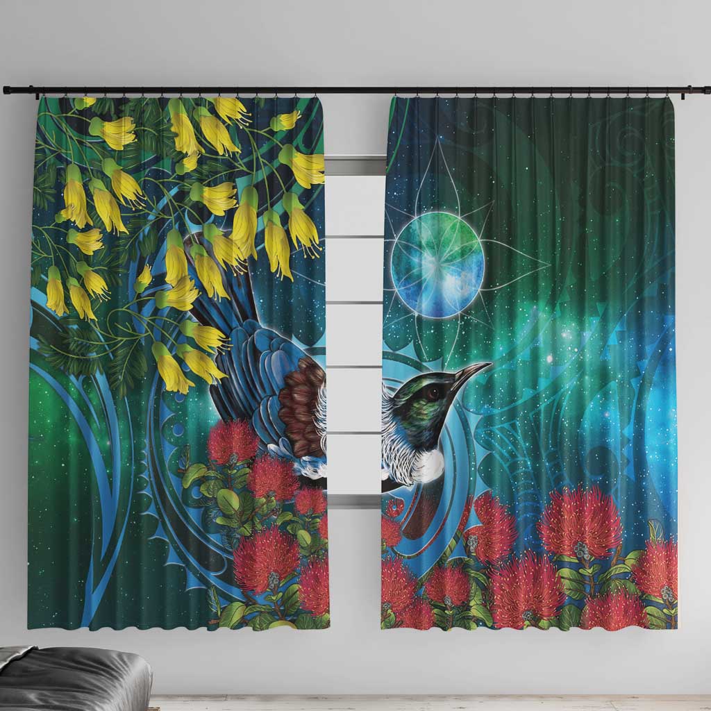 New Zealand Tui Bird Window Curtain Maori Koru With Pohutukawa Galaxy Style - Aussie Hoodie