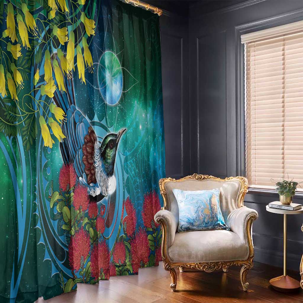 New Zealand Tui Bird Window Curtain Maori Koru With Pohutukawa Galaxy Style - Aussie Hoodie