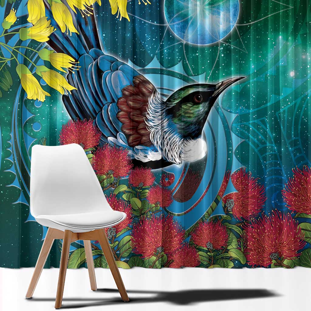 New Zealand Tui Bird Window Curtain Maori Koru With Pohutukawa Galaxy Style - Aussie Hoodie