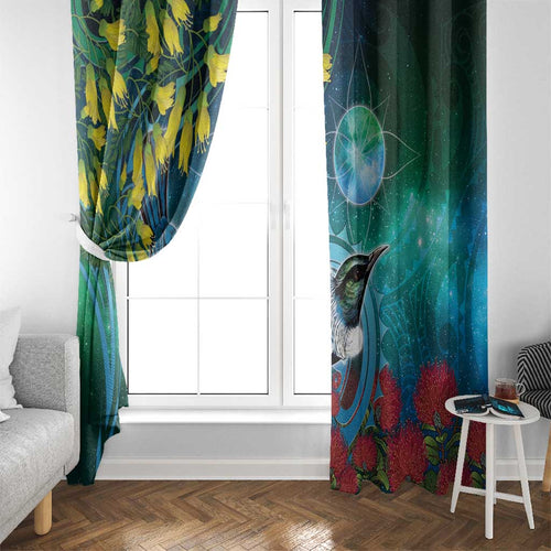 New Zealand Tui Bird Window Curtain Maori Koru With Pohutukawa Galaxy Style - Aussie Hoodie