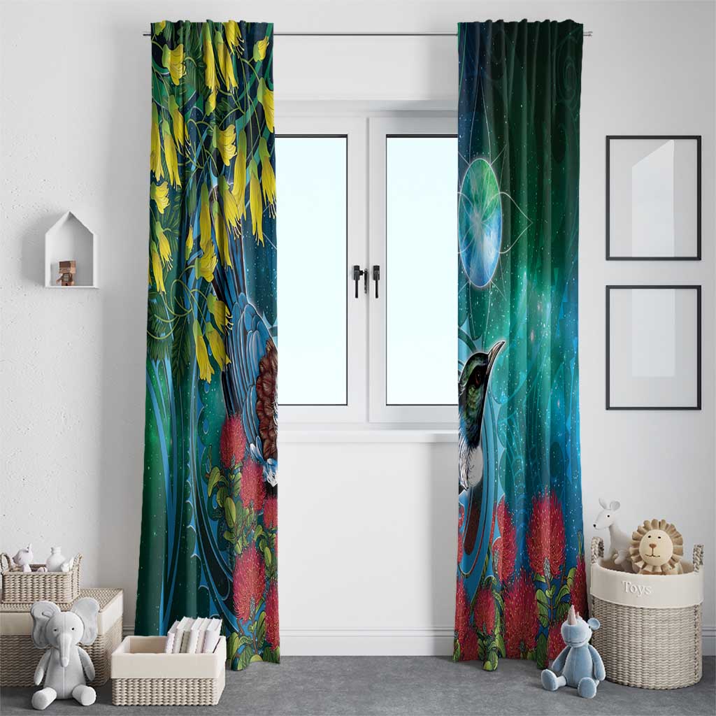 New Zealand Tui Bird Window Curtain Maori Koru With Pohutukawa Galaxy Style - Aussie Hoodie