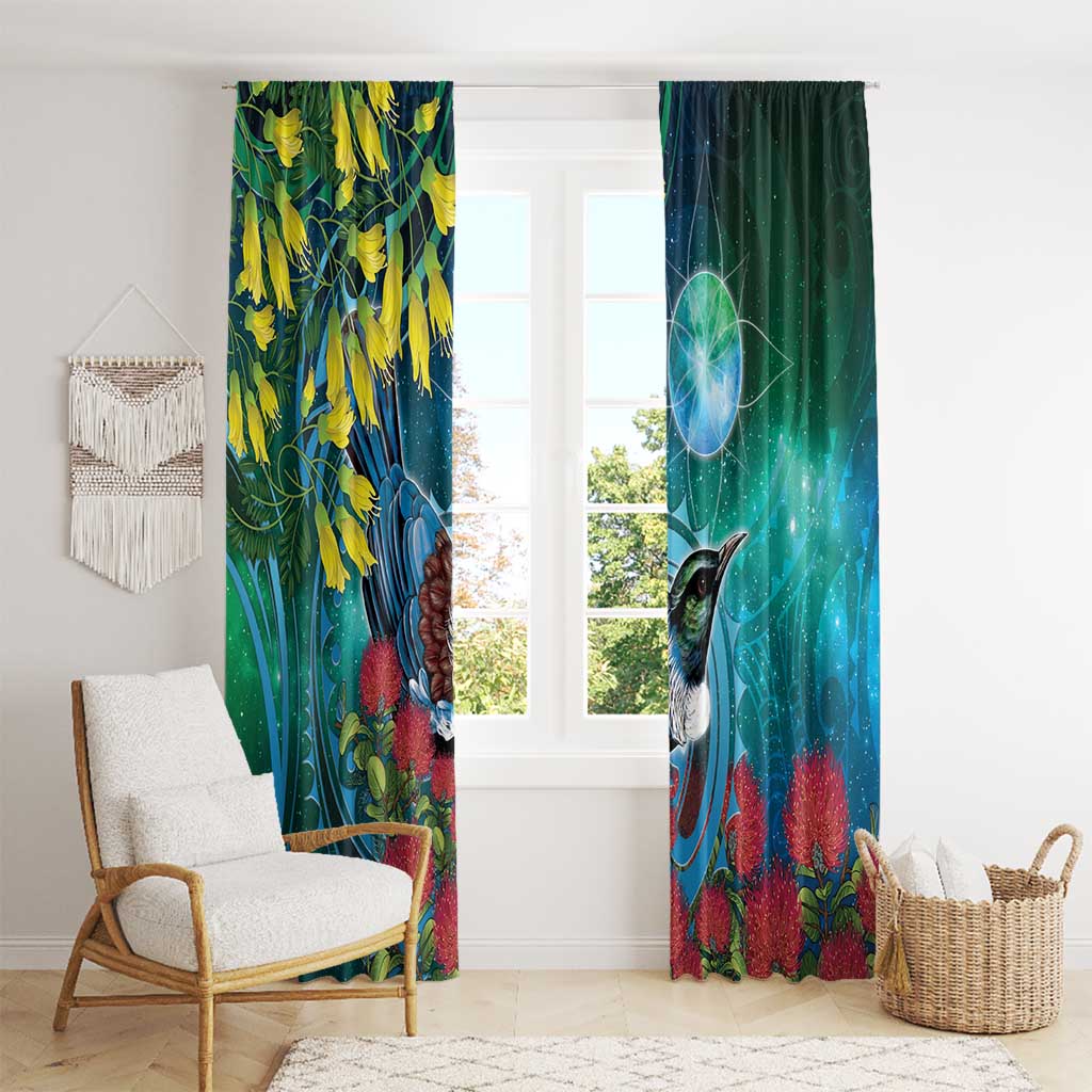 New Zealand Tui Bird Window Curtain Maori Koru With Pohutukawa Galaxy Style - Aussie Hoodie