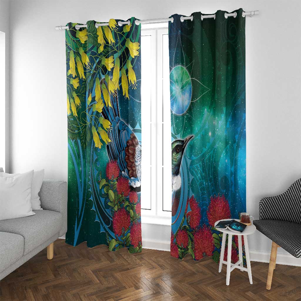 New Zealand Tui Bird Window Curtain Maori Koru With Pohutukawa Galaxy Style - Aussie Hoodie