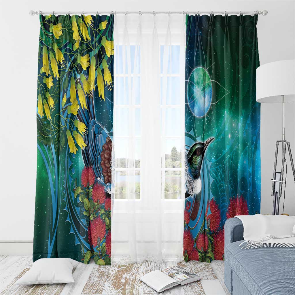 New Zealand Tui Bird Window Curtain Maori Koru With Pohutukawa Galaxy Style - Aussie Hoodie