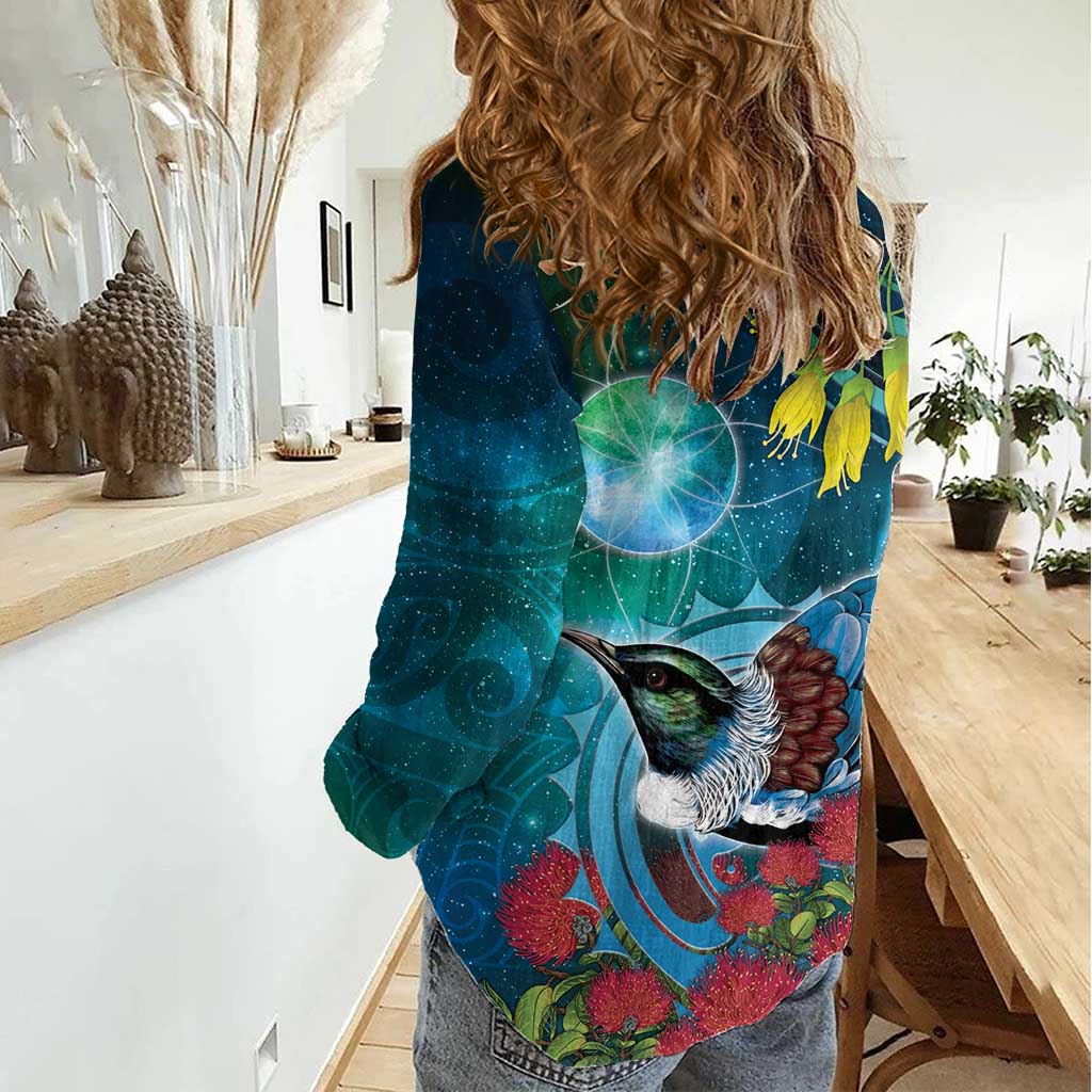 New Zealand Tui Bird Women Casual Shirt Maori Koru With Pohutukawa Galaxy Style - Aussie Hoodie