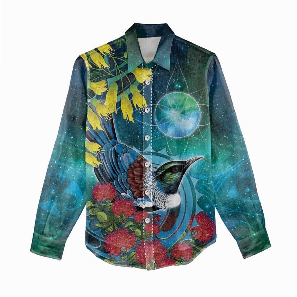 New Zealand Tui Bird Women Casual Shirt Maori Koru With Pohutukawa Galaxy Style - Aussie Hoodie