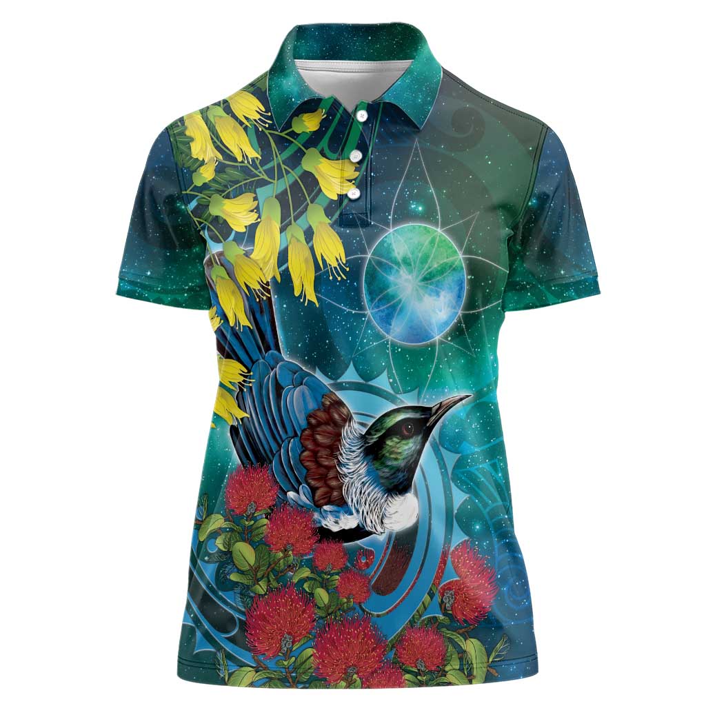 New Zealand Tui Bird Women Polo Shirt Maori Koru With Pohutukawa Galaxy Style - Aussie Hoodie