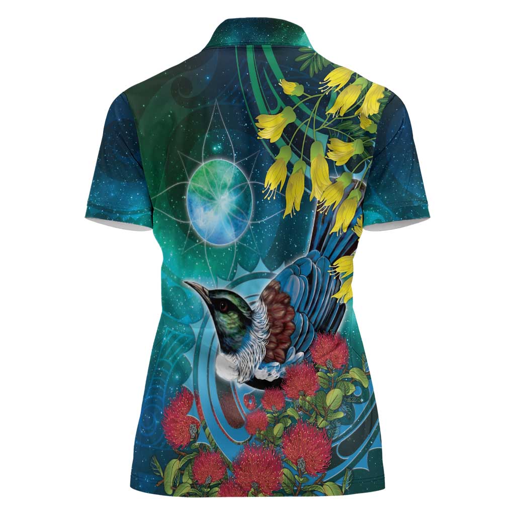 New Zealand Tui Bird Women Polo Shirt Maori Koru With Pohutukawa Galaxy Style - Aussie Hoodie