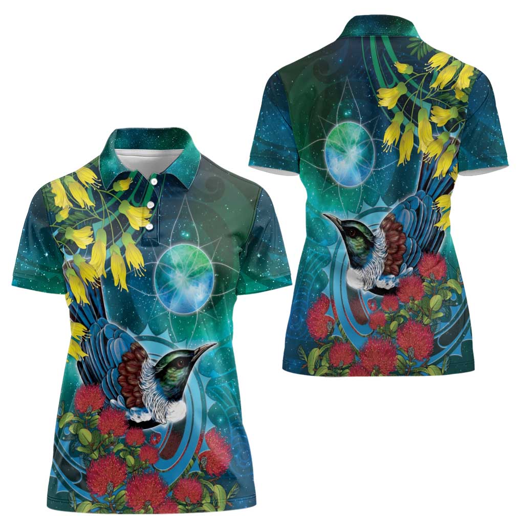 New Zealand Tui Bird Women Polo Shirt Maori Koru With Pohutukawa Galaxy Style - Aussie Hoodie
