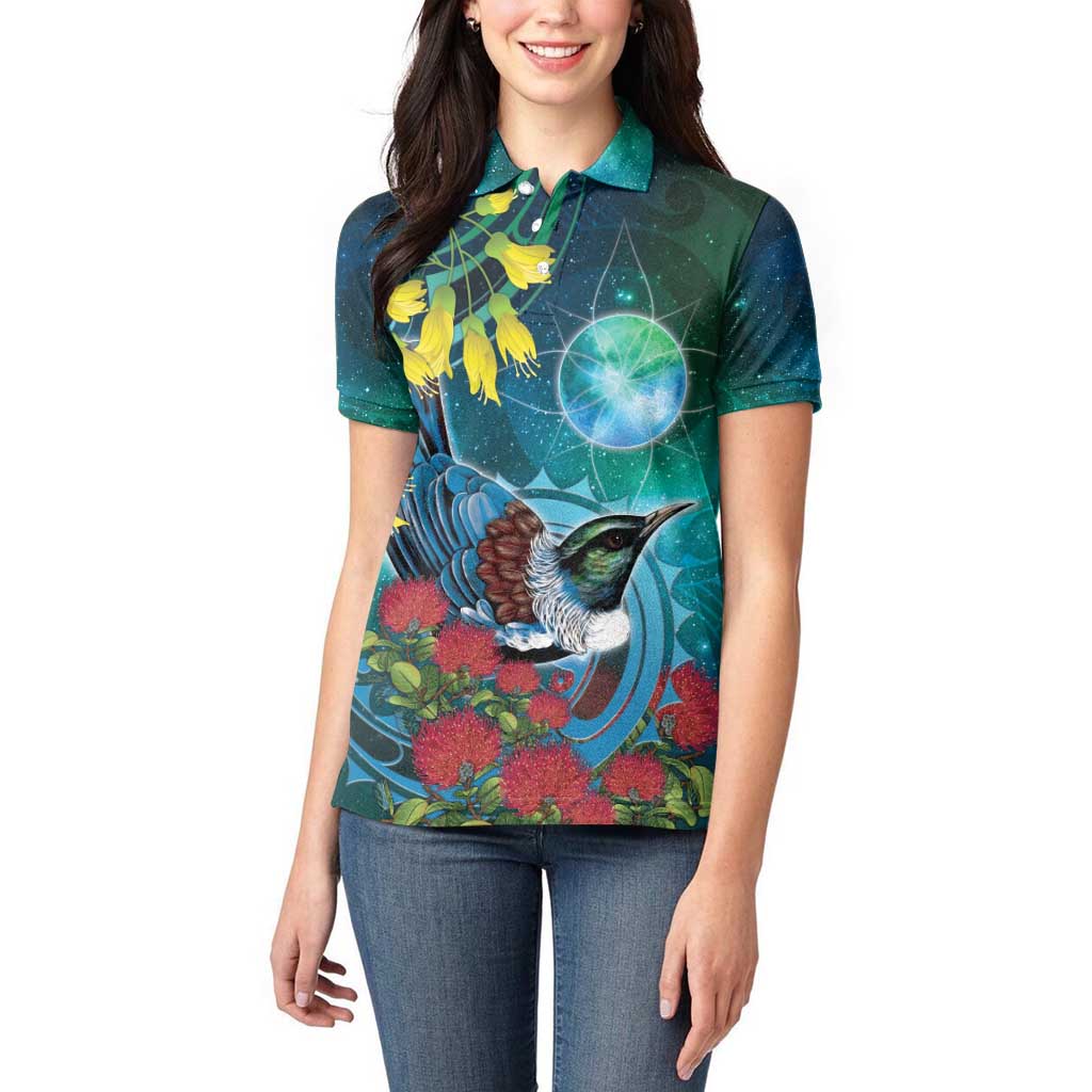 New Zealand Tui Bird Women Polo Shirt Maori Koru With Pohutukawa Galaxy Style - Aussie Hoodie