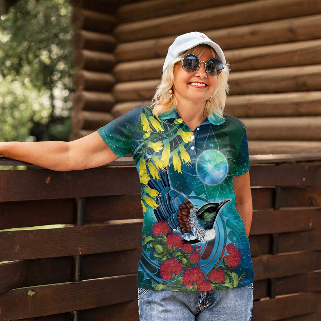 New Zealand Tui Bird Women Polo Shirt Maori Koru With Pohutukawa Galaxy Style - Aussie Hoodie