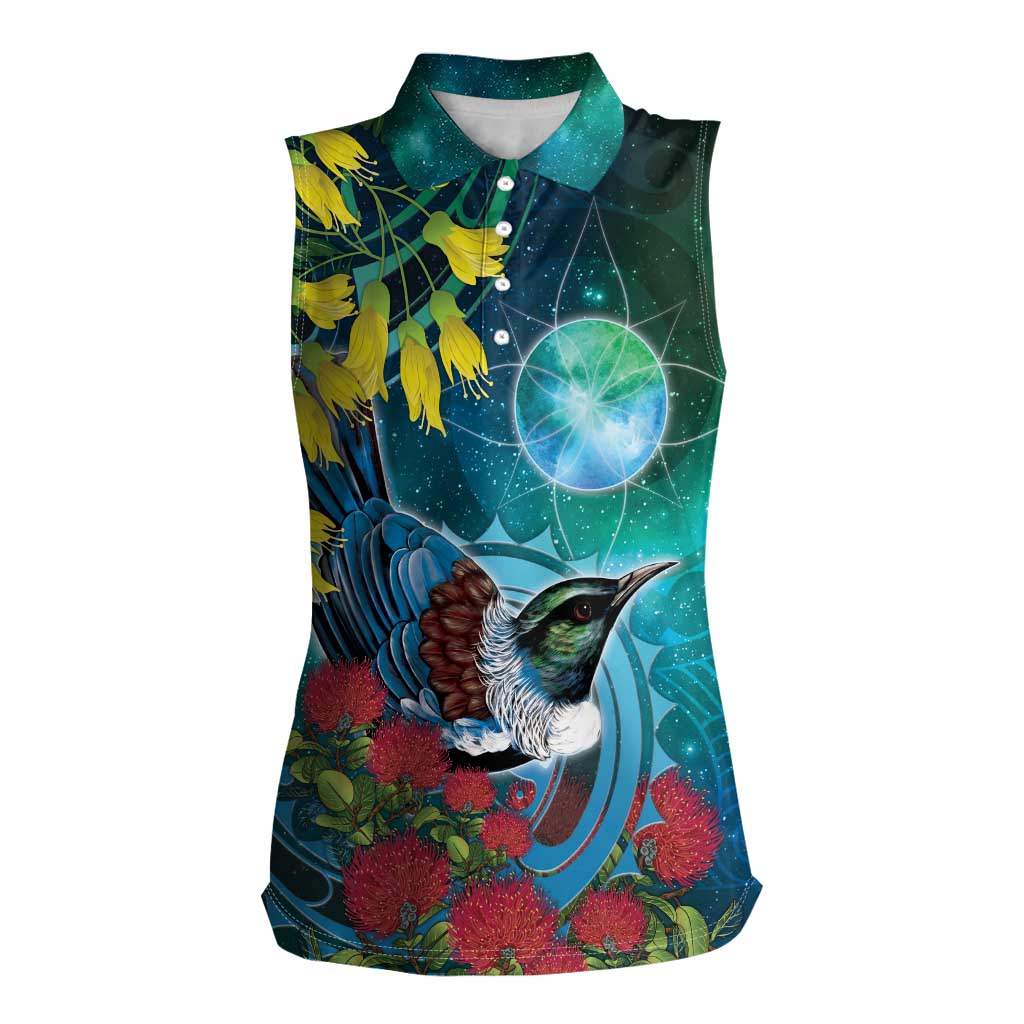 New Zealand Tui Bird Women Sleeveless Polo Shirt Maori Koru With Pohutukawa Galaxy Style - Aussie Hoodie