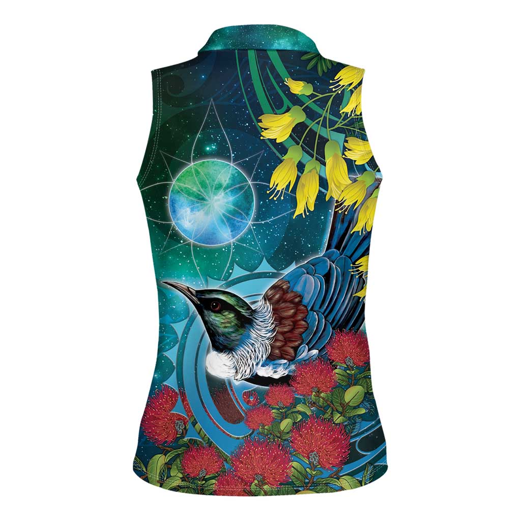 New Zealand Tui Bird Women Sleeveless Polo Shirt Maori Koru With Pohutukawa Galaxy Style - Aussie Hoodie
