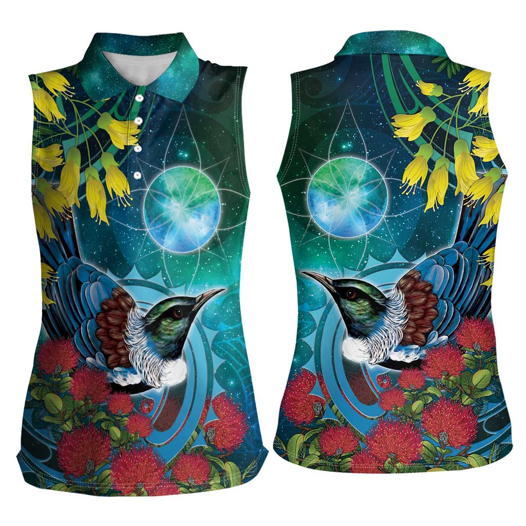 New Zealand Tui Bird Women Sleeveless Polo Shirt Maori Koru With Pohutukawa Galaxy Style - Aussie Hoodie