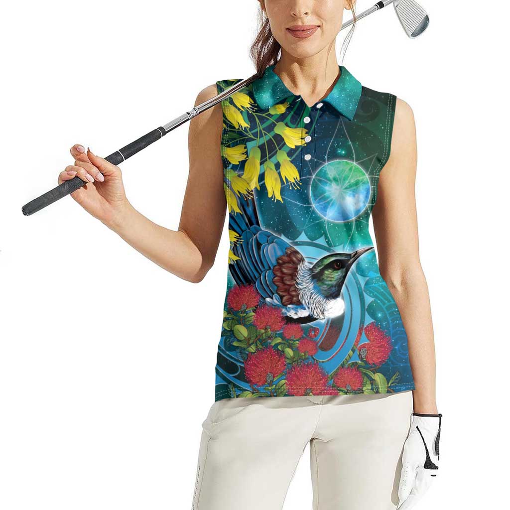 New Zealand Tui Bird Women Sleeveless Polo Shirt Maori Koru With Pohutukawa Galaxy Style - Aussie Hoodie