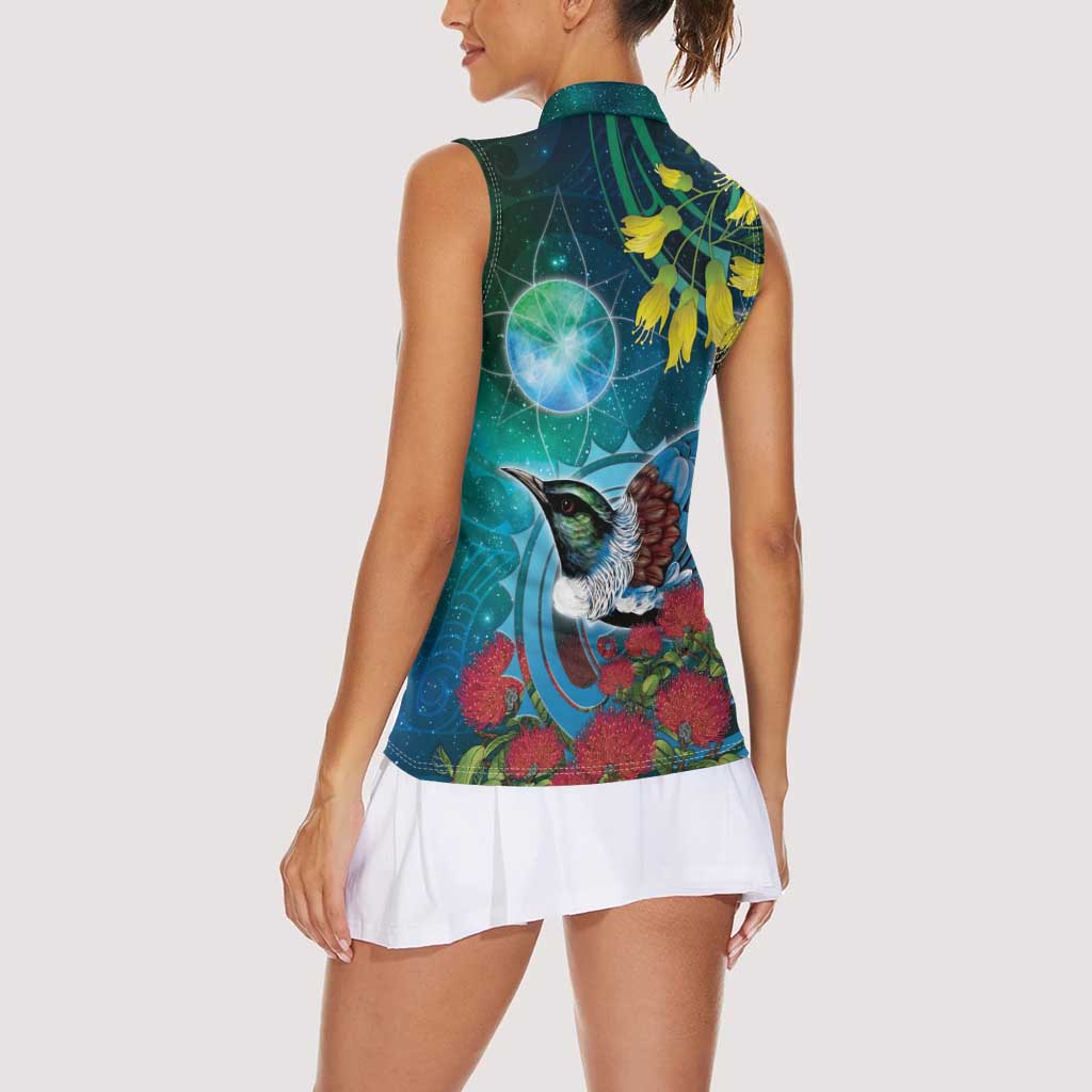 New Zealand Tui Bird Women Sleeveless Polo Shirt Maori Koru With Pohutukawa Galaxy Style - Aussie Hoodie