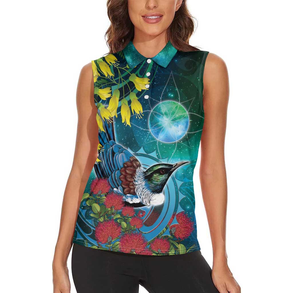 New Zealand Tui Bird Women Sleeveless Polo Shirt Maori Koru With Pohutukawa Galaxy Style - Aussie Hoodie
