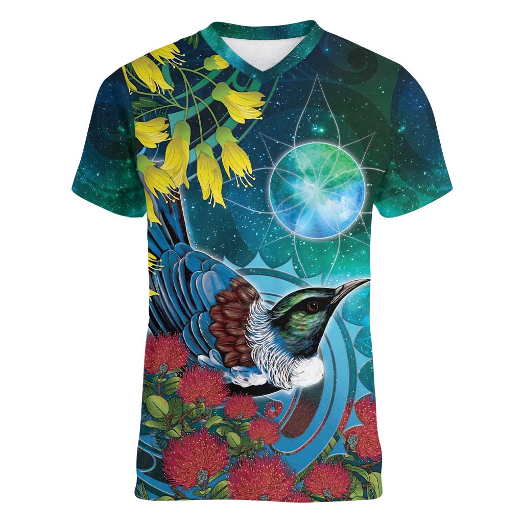 New Zealand Tui Bird Women V-Neck T-Shirt Maori Koru With Pohutukawa Galaxy Style - Aussie Hoodie