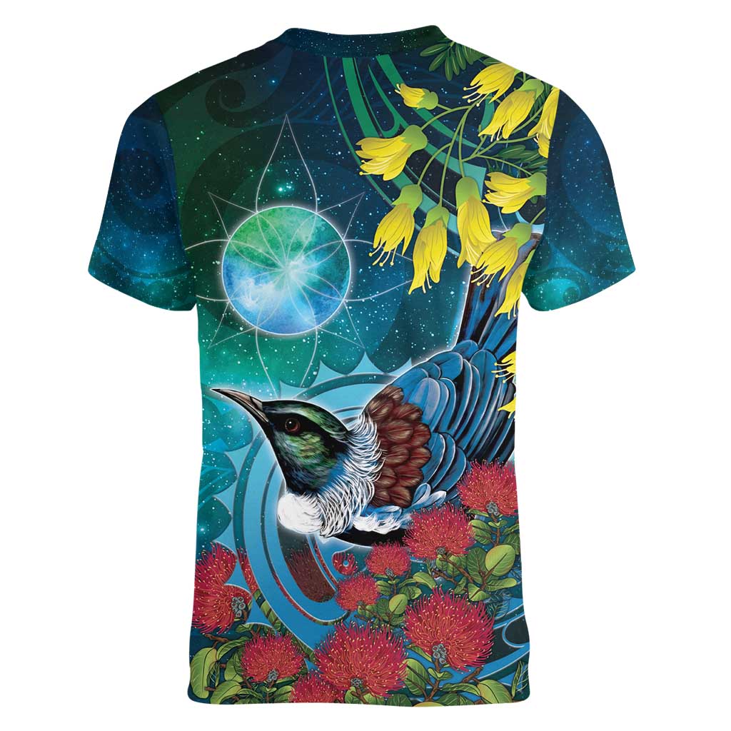 New Zealand Tui Bird Women V-Neck T-Shirt Maori Koru With Pohutukawa Galaxy Style - Aussie Hoodie