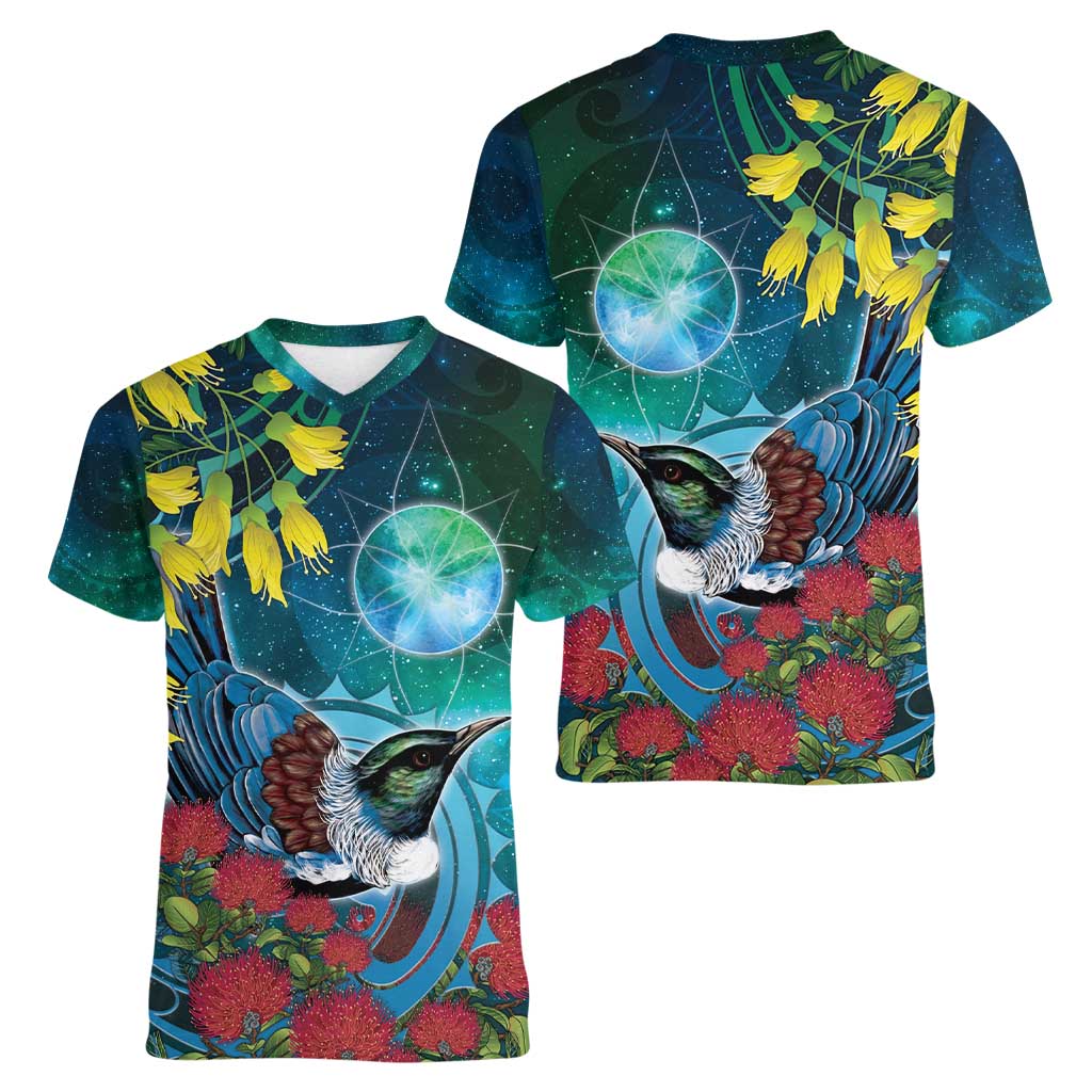New Zealand Tui Bird Women V-Neck T-Shirt Maori Koru With Pohutukawa Galaxy Style - Aussie Hoodie