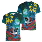 New Zealand Tui Bird Women V-Neck T-Shirt Maori Koru With Pohutukawa Galaxy Style - Aussie Hoodie