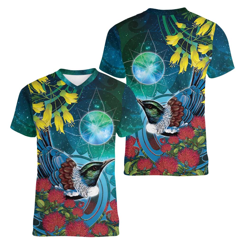 New Zealand Tui Bird Women V-Neck T-Shirt Maori Koru With Pohutukawa Galaxy Style - Aussie Hoodie