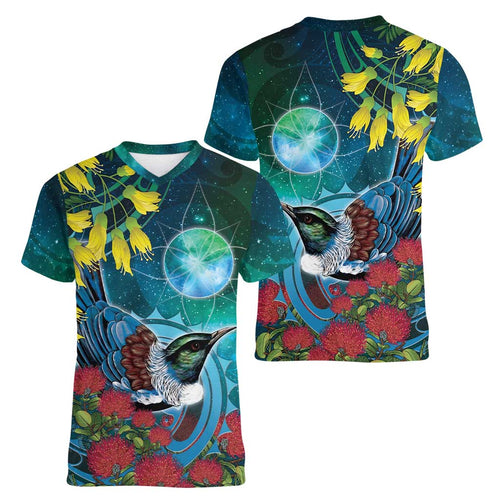 New Zealand Tui Bird Women V-Neck T-Shirt Maori Koru With Pohutukawa Galaxy Style - Aussie Hoodie