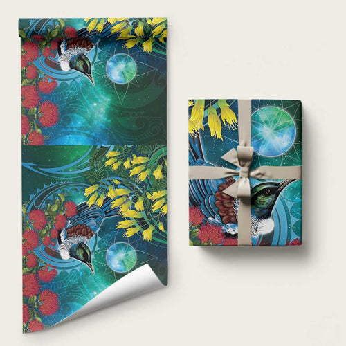 New Zealand Tui Bird Wrapping Paper Maori Koru With Pohutukawa Galaxy Style