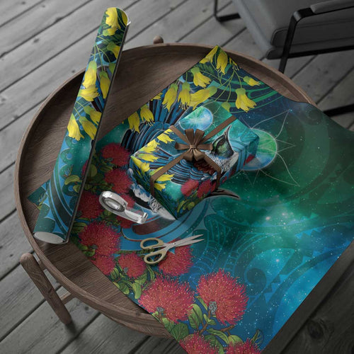 New Zealand Tui Bird Wrapping Paper Maori Koru With Pohutukawa Galaxy Style