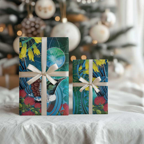 New Zealand Tui Bird Wrapping Paper Maori Koru With Pohutukawa Galaxy Style