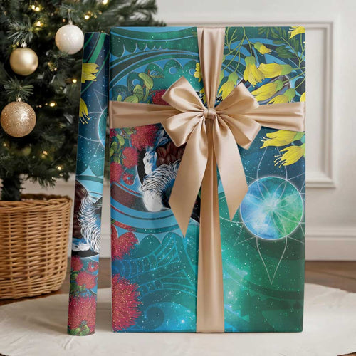 New Zealand Tui Bird Wrapping Paper Maori Koru With Pohutukawa Galaxy Style