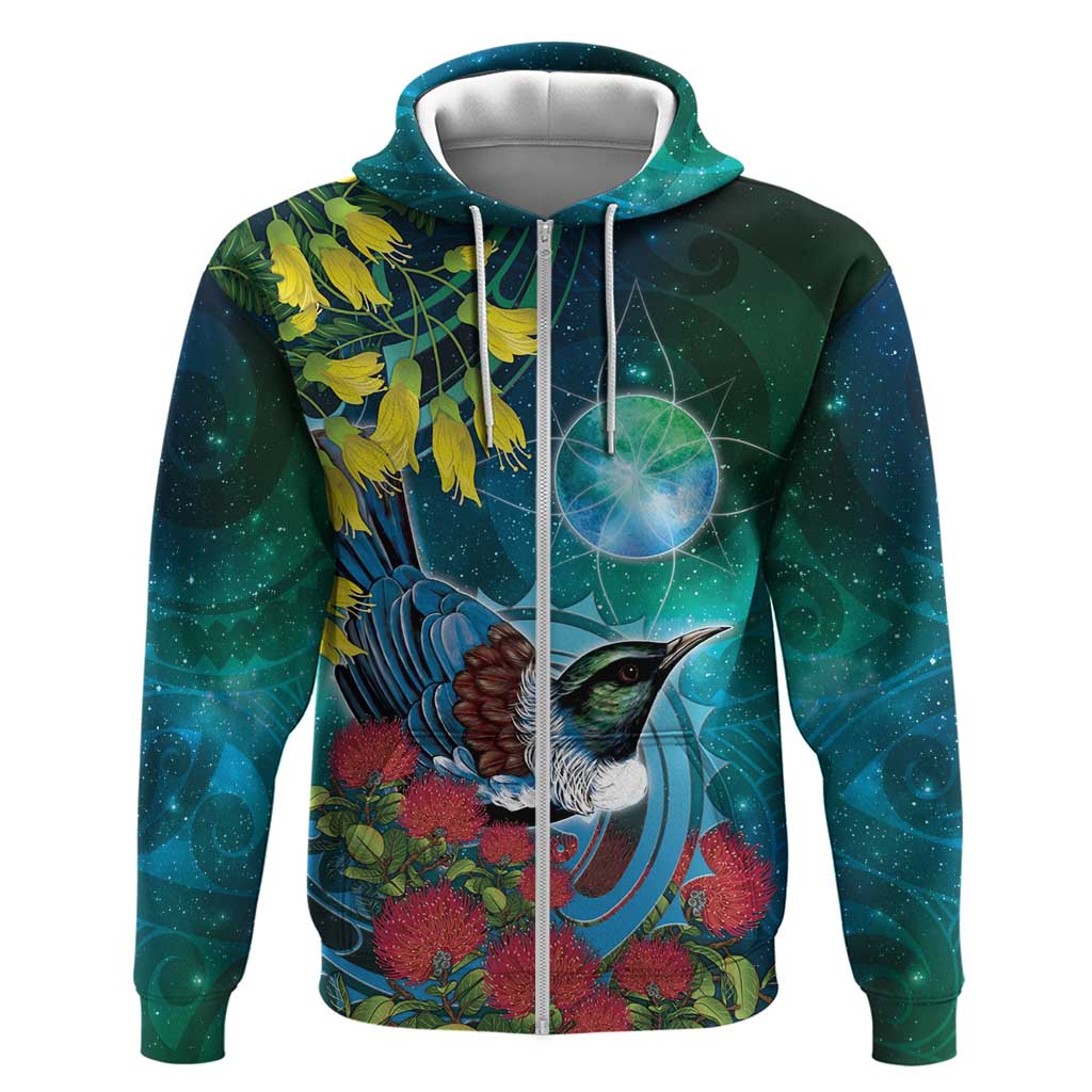 New Zealand Tui Bird Zip Hoodie Maori Koru With Pohutukawa Galaxy Style - Aussie Hoodie