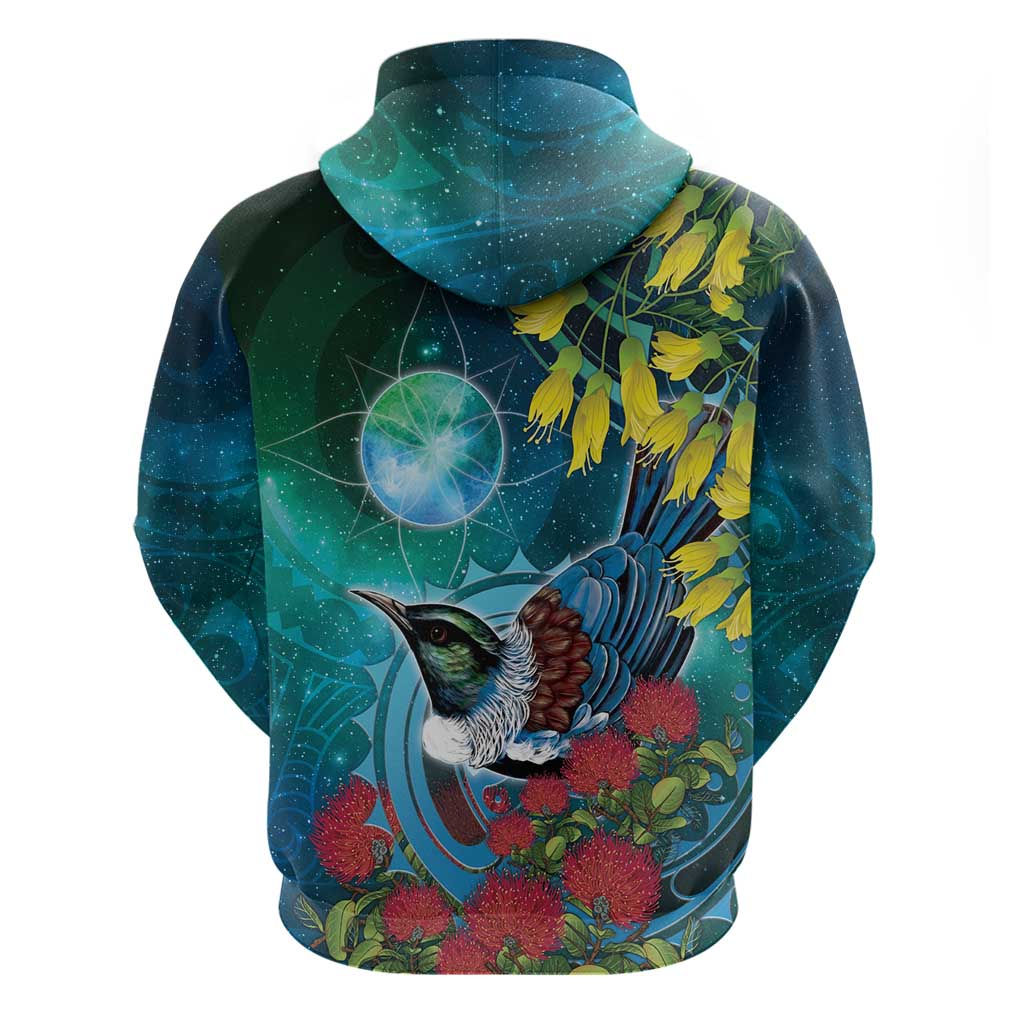 New Zealand Tui Bird Zip Hoodie Maori Koru With Pohutukawa Galaxy Style - Aussie Hoodie