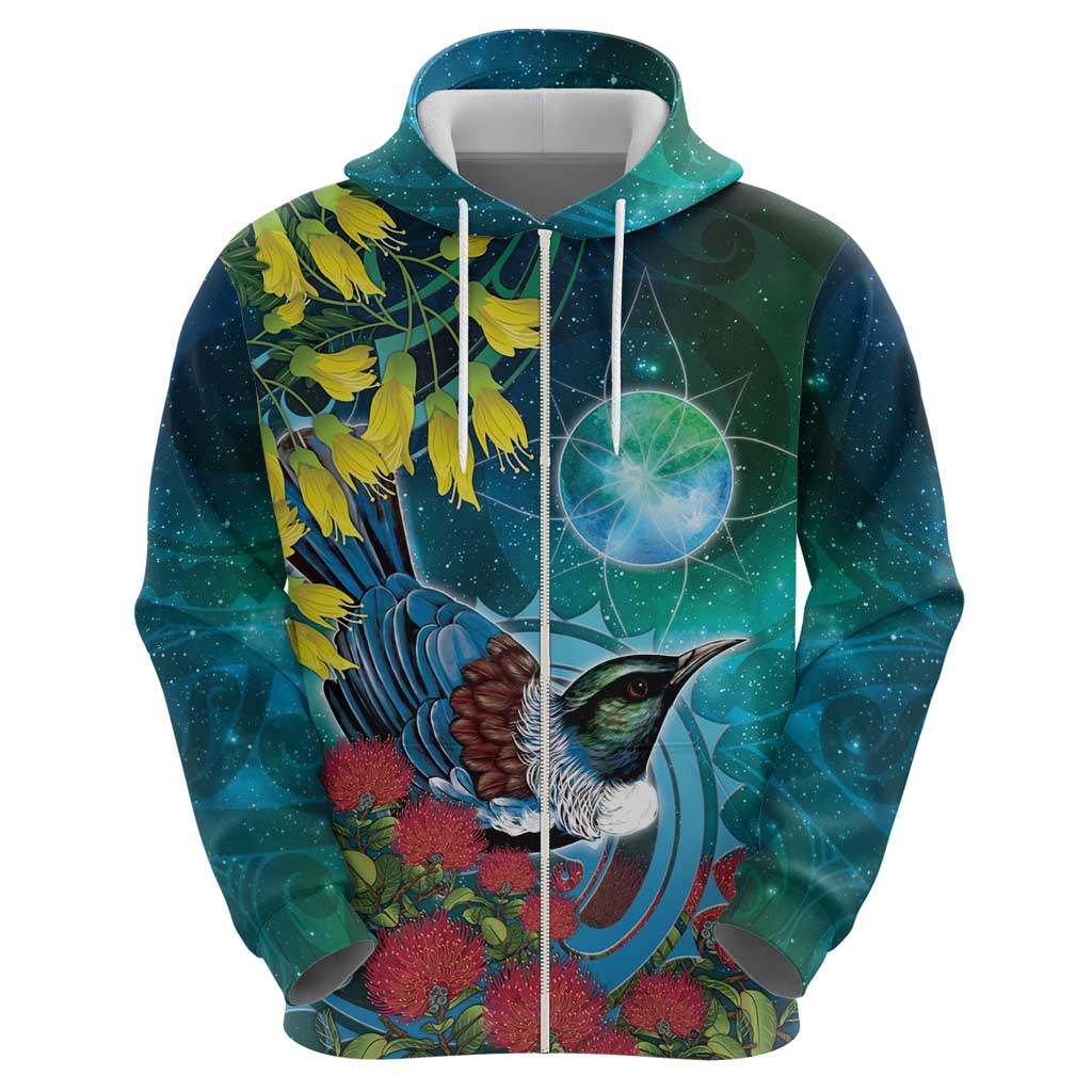New Zealand Tui Bird Zip Hoodie Maori Koru With Pohutukawa Galaxy Style - Aussie Hoodie