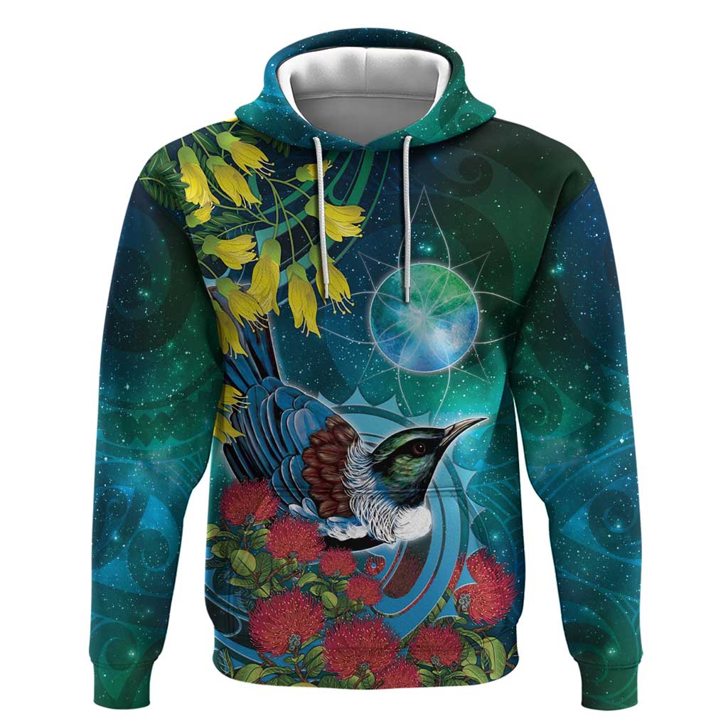 New Zealand Tui Bird Zip Hoodie Maori Koru With Pohutukawa Galaxy Style - Aussie Hoodie