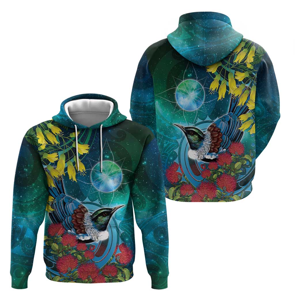 New Zealand Tui Bird Zip Hoodie Maori Koru With Pohutukawa Galaxy Style - Aussie Hoodie