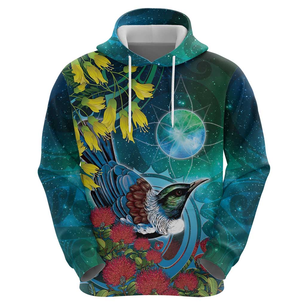 New Zealand Tui Bird Zip Hoodie Maori Koru With Pohutukawa Galaxy Style - Aussie Hoodie