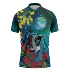 New Zealand Tui Bird Zipper Polo Shirt Maori Koru With Pohutukawa Galaxy Style - Aussie Hoodie