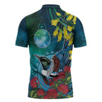 New Zealand Tui Bird Zipper Polo Shirt Maori Koru With Pohutukawa Galaxy Style - Aussie Hoodie