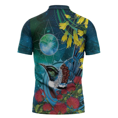 New Zealand Tui Bird Zipper Polo Shirt Maori Koru With Pohutukawa Galaxy Style - Aussie Hoodie