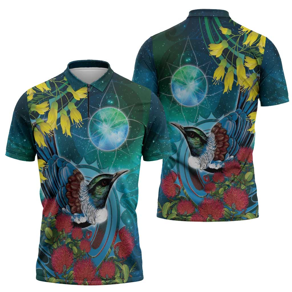 New Zealand Tui Bird Zipper Polo Shirt Maori Koru With Pohutukawa Galaxy Style - Aussie Hoodie