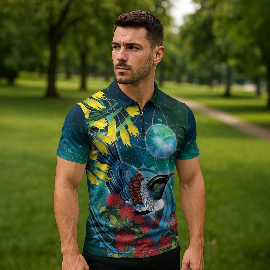 New Zealand Tui Bird Zipper Polo Shirt Maori Koru With Pohutukawa Galaxy Style - Aussie Hoodie