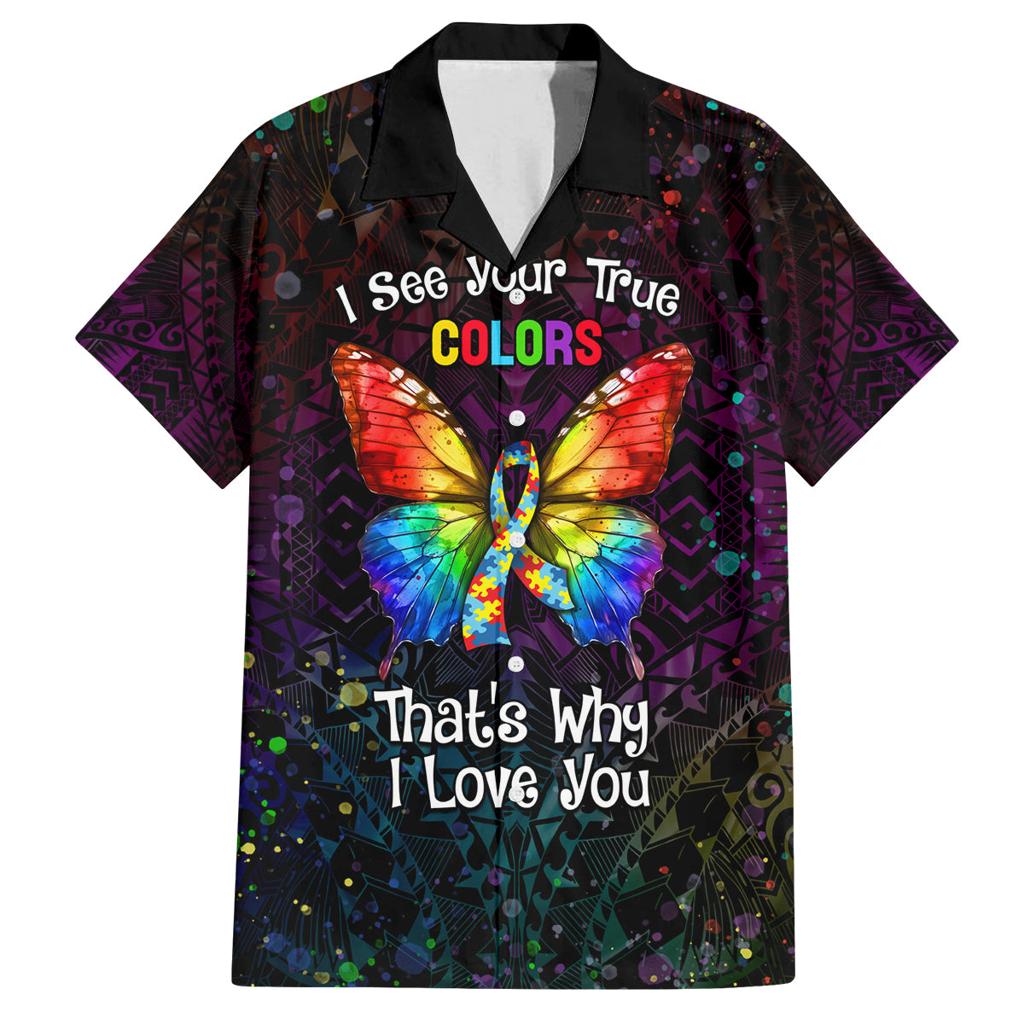 I See Your True Colors Personalised Family Matching Off Shoulder Short Dress and Hawaiian Shirt Autism Awareness