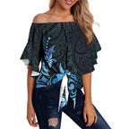 Matariki New Zealand Off Shoulder Wrap Waist Top Maori Pattern Blue Galaxy