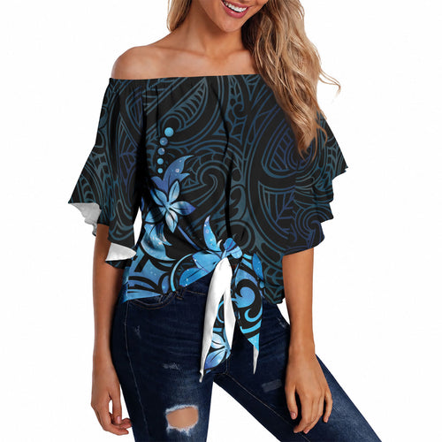 Matariki New Zealand Off Shoulder Wrap Waist Top Maori Pattern Blue Galaxy
