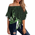 Matariki New Zealand Off Shoulder Wrap Waist Top Maori Pattern Green Galaxy