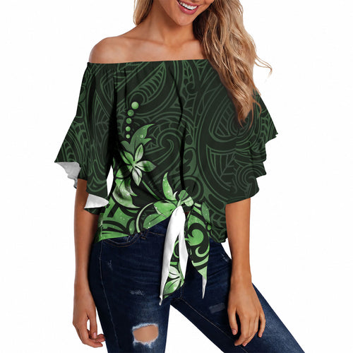 Matariki New Zealand Off Shoulder Wrap Waist Top Maori Pattern Green Galaxy